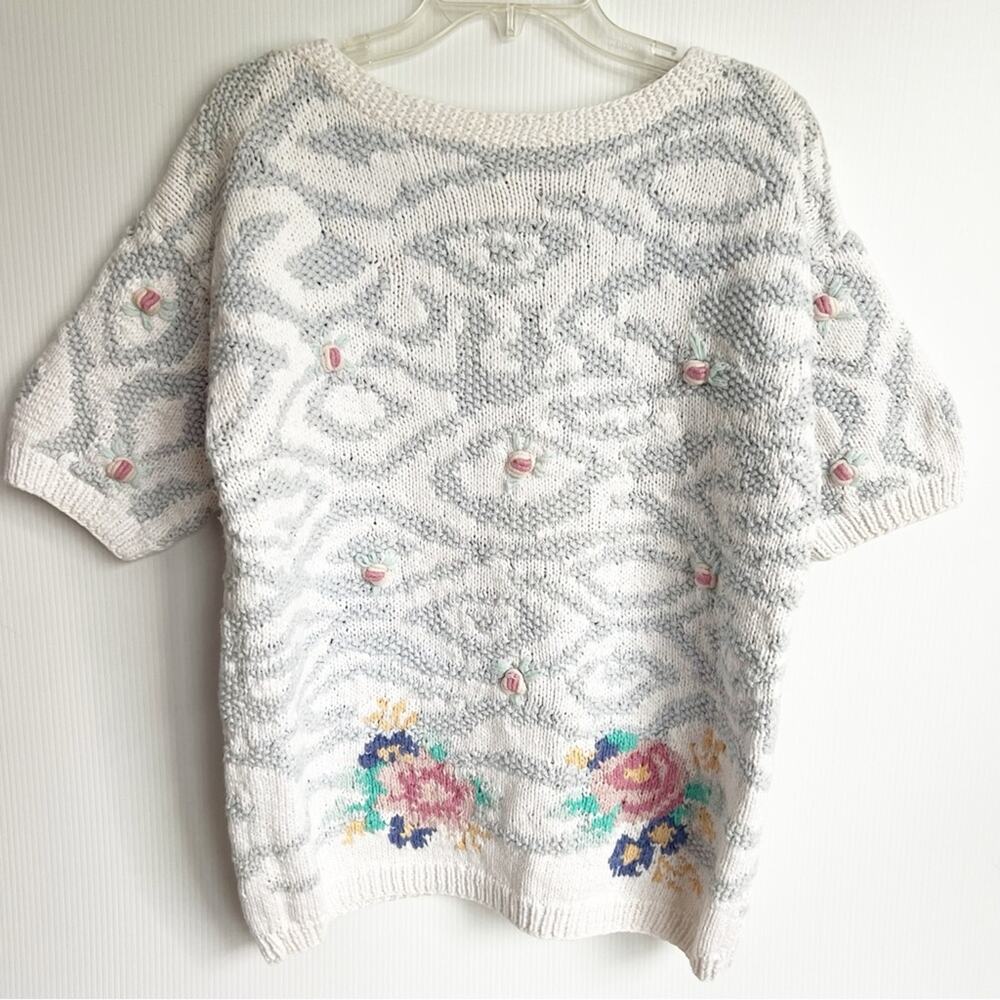 Vintage 80s 90s Jennifer Reed Hand Knit Chunky Cottagecore Short Sleeve Sweater